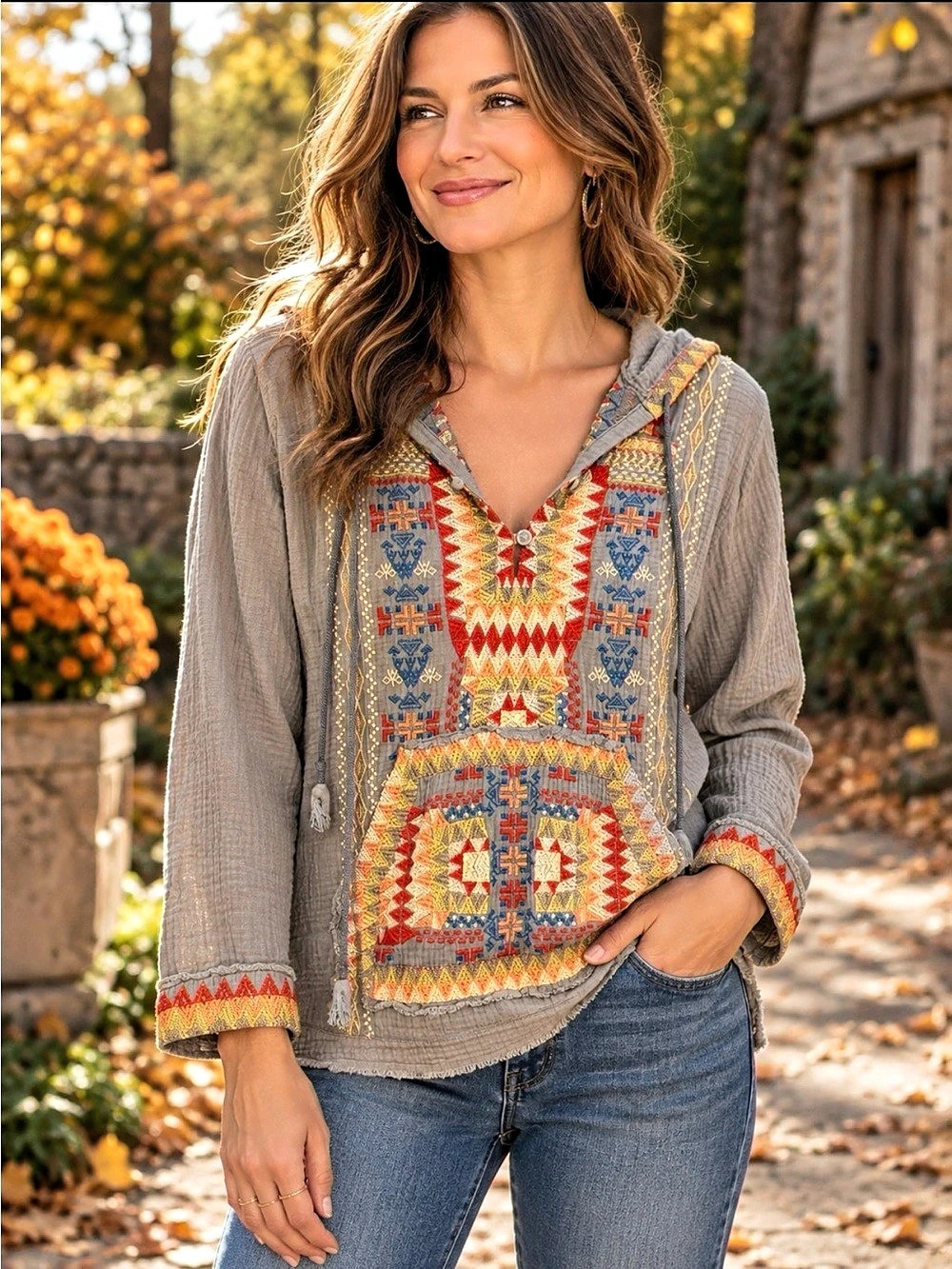 Johnny Was Heavily Embroidered Hooded Tunic Gray Size Small 100% Cotton